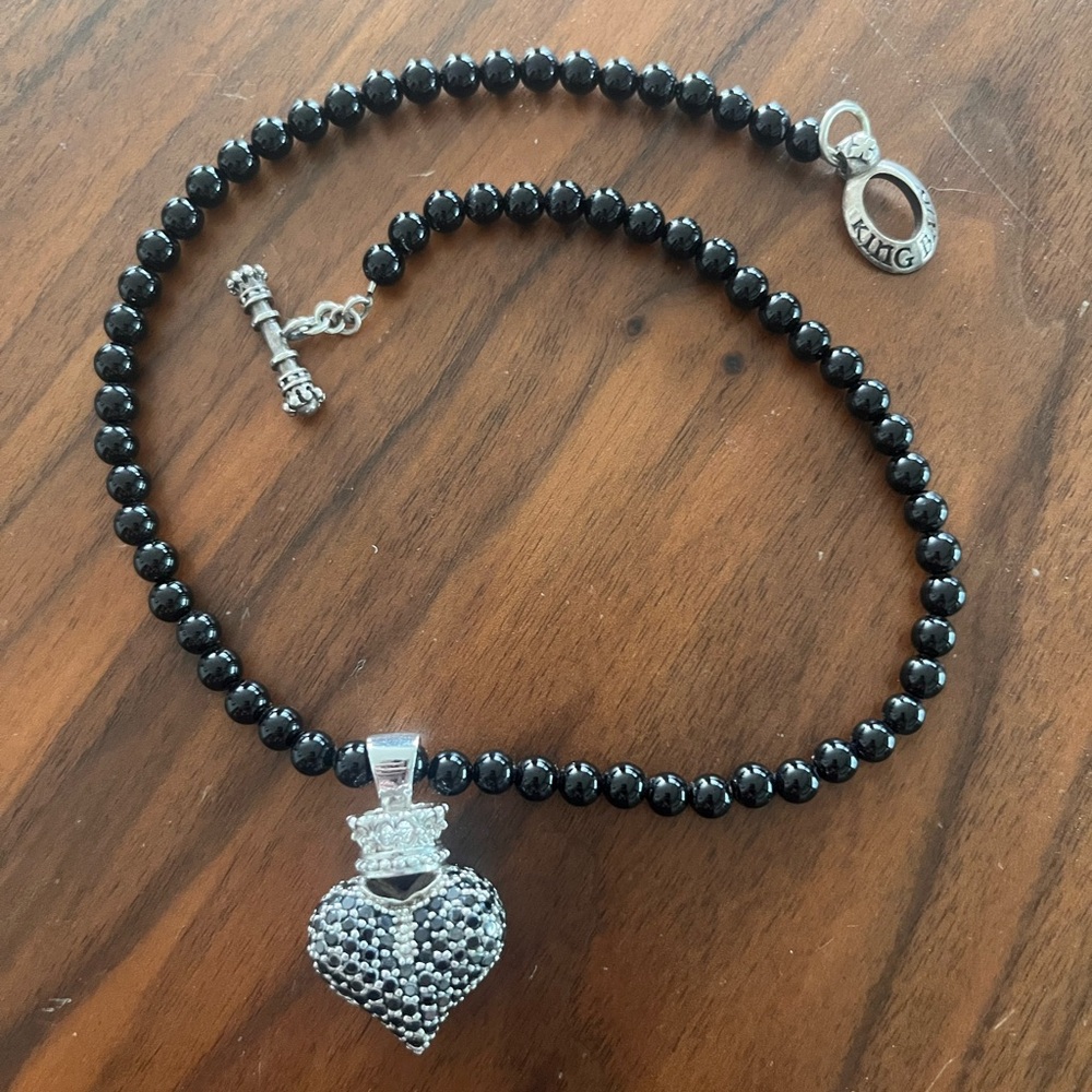 King Baby Onyx, Sterling Silver and Pave CZ’s Heart Necklace